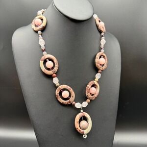 🌿 20" Artisan Pink Jasper & Gemstone‎ Statement Necklace + 2" Pendant Drop 🌿